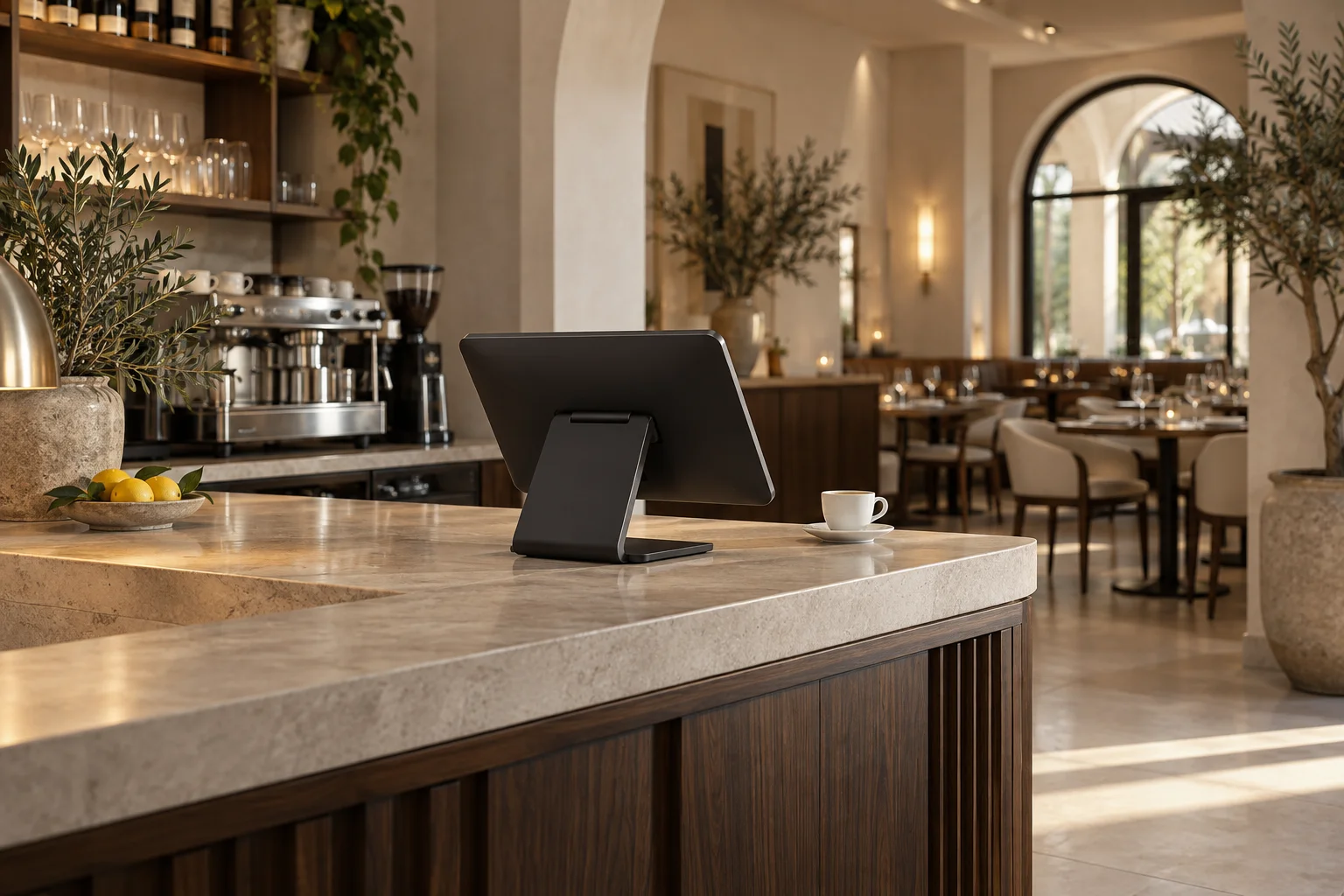 A modern restaurant counter with a point-of-sale terminal and refined dining space